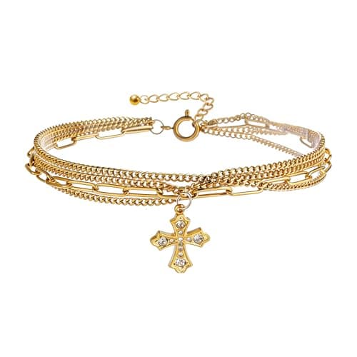 Image of Kovonchy Ankle Bracelets for Women Cross Charm 18K Gold Plated Stainless Steel Waterproof Dainty Layered Beach Summer Anklet Jewelry