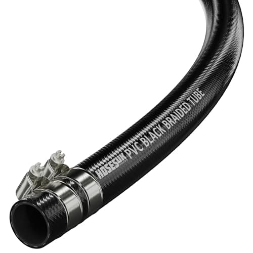 Image of 25mm (1") x 33mm (1-5/16") PVC Reinforced Black Braided Air Water Hose Tube with Hose Clips 1 Metre