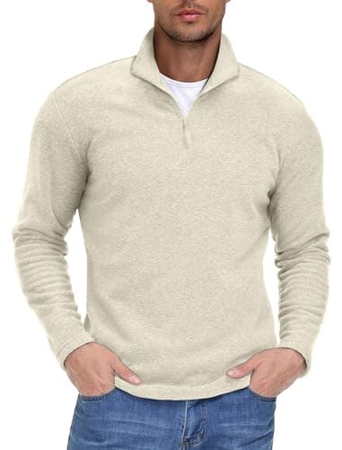 Image of EKLENTSON Men's Fleece Sweater Winter Warm Pullover Sweatshirts Midlayer Long Sleeve Sweater T Shirt 1/4 Zip Pullover Sweatshirt Jumper Beige,M