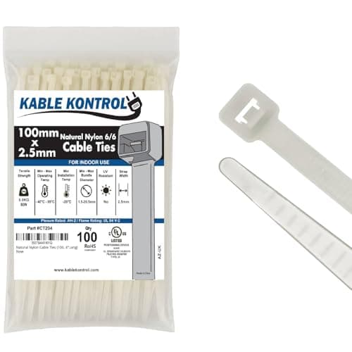 Image of Kable Kontrol Natural White Cable Ties, 100 mm x 2.5 mm, Pack of 100, 4" Premium Nylon Zip Ties, Multi-Purpose Plastic Tie Wraps, Secure Self-Locking Mechanism, for Home, Garden, Office and DIY