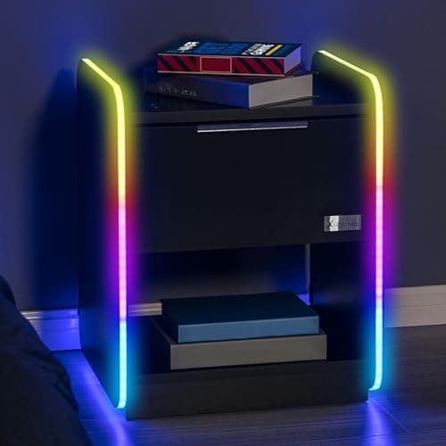 Image of X-Rocker Electra 45cm x 40cm, RGB LED Bedside Table & Drawer - Neo Motion™ Sync App Controlled LED Lights, Wireless Charging, 1 Drawer, Storage Shelf, Durable Wooden Frame for Kids & Teens - Black