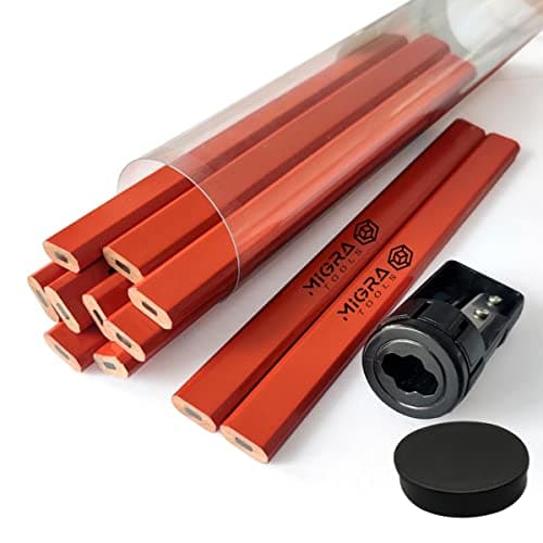 Image of Migra Tools Carpenter Pencils - HB Builders Pencil Set with Sharpener & Case Flat Construction for Marking Wood, Brick, Concrete, Boards, Plaster Carpentry, Woodworking Pack of 10, Black