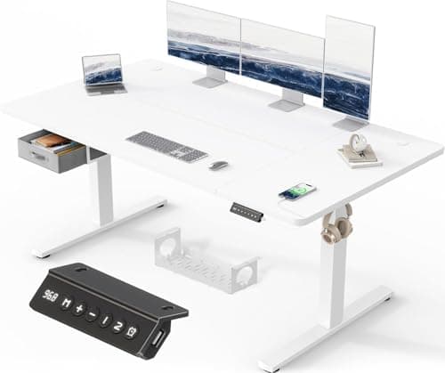 Image of Devoko 160x80cm Electric Standing Desk with Drawer&Hooks Height Adjustable Standing Desk with Memory Smart Panel Upgraded Stable Steel Frame with Wider Desktop for Home Office,White