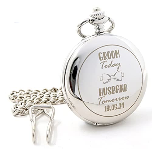 Image of Regalo Personalised Silver Pocket Watch – Groom Wedding Day Gift, Engraved Front Back & Lid, 12in Albert Chain, 45mm Quartz Fob Watch (Front & Back & Gift Box Engraving)