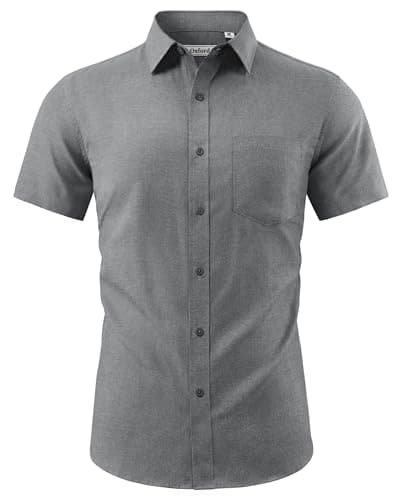 Image of J.VER Mens Cotton Short Sleeved Shirts Oxford Grey Summer Regular Fit Work Smart Casual Button Down Shirt 2XL