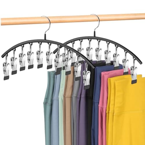 Image of QIUKUN Legging Organizer for Closet Metal Yoga Pants Hangers 2 Pack /10 Clips Holds 20 Leggings, Hangers Space Saving Hanging Closet Organizer w/Rubber Coated Closet Organizers (Black)