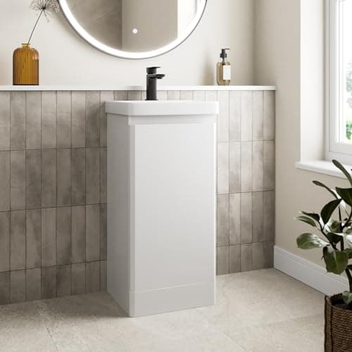 Image of Affine® 400mm Vanity Unit Wash Basin Sink Bathroom Floor Standing Storage Cabinet Cupboard Cloakroom, Soft Close Door, White Gloss