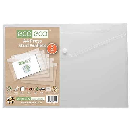 Image of eco-eco A4 50% Recycled Clear Transparent Press Stud Popper Wallet, Plastic Folders 310x238mm (Pack of 5), 200mic, eco111