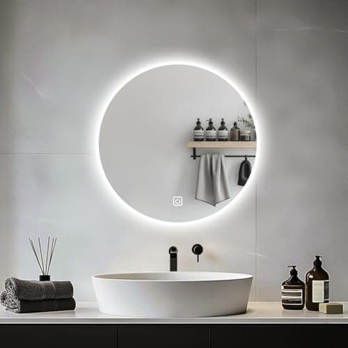 Image of JAMUBOCHE Round LED Bathroom Mirror For Over Sink, 50CM Electric Round Vanity Mirror With Backlit Lights For Shower Shaving, Wall Mounted Dimmable 3 Color Lighting, IP54