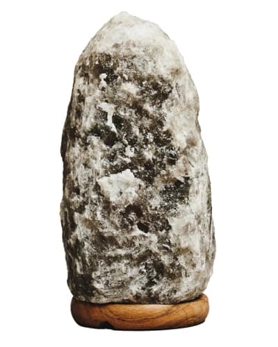 Image of Premier Housewares Grey Natural Salt Lamp Small Room Lamp Irregular Oblong Shape with Calming Grey Glow Grey Desk Lamp Wood Base 23cm x 12cm x 12cm