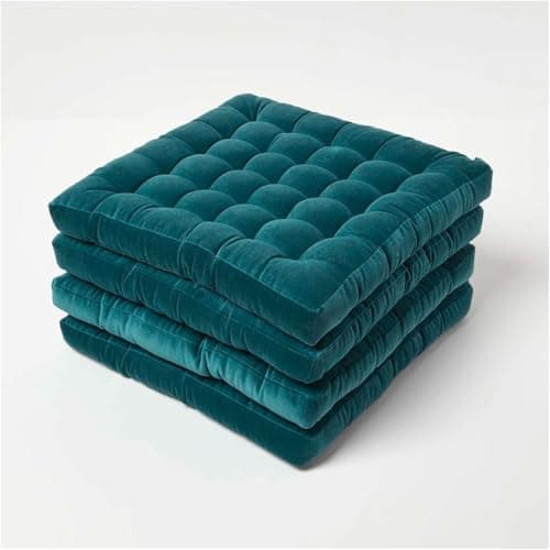 Image of HOMESCAPES Set of 4 Teal Green Velvet Seat Pads for Dining Chair 40 x 40 cm Super Soft 100% Cotton Quilted Velvet Chair Pads with Straps Indoor & Outdoor Garden Use for Lasting Comfort & Support