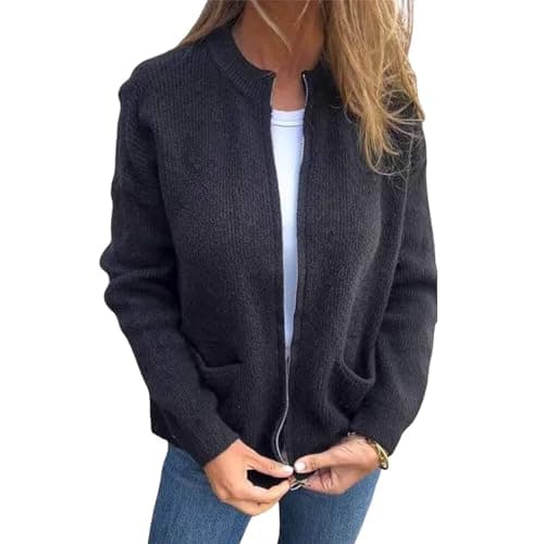 Image of Women's Round Neck Zipper Knitted Jacket Zip Up Sweaters Cropped Open Front Long Sleeve Knit Chunky Cardigans Knitted Zip Up Sweater Black