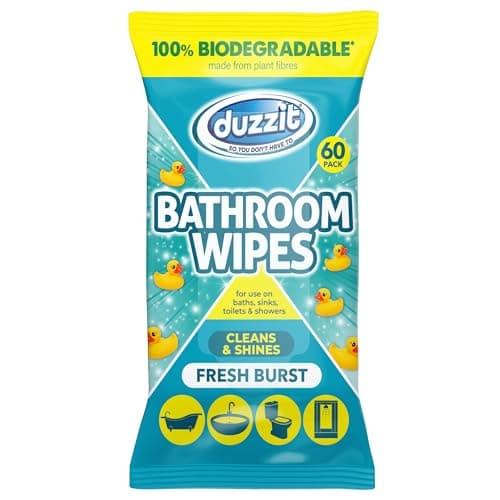 Image of Duzzit Bathroom Wipes - Cleans & Shines | 100% Biodegradable - Made From Plant Fibres | Suitable for Baths, Sinks, Toilets & Showers (60 Biodegradable Wipes, Fresh Burst)