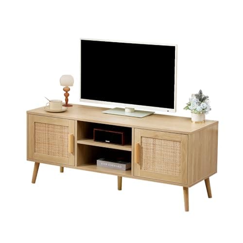 Image of FUSIDE Rattan TV Unit TV Stand with 2 Door 2 Shelves Entertainment Center Media Storage for Living Room Bedroom,Natural
