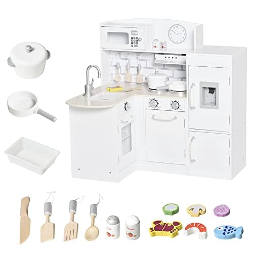 Image of HOMCOM Kids Play Kitchen Wooden Toy Kitchen Cooking Set for Children with Drinking Fountain, Microwave, and Fridge White