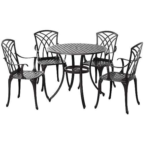 Image of Outsunny 5 Pieces Garden Dining Set for 4, Cast Aluminium Outdoor Dining Set with 4 Armchairs and Round Dining Table with Parasol Hole, Garden Furniture Bistro Set, Brown