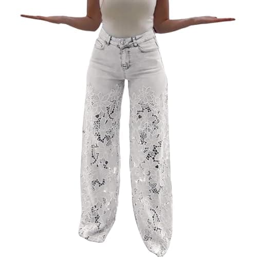 Image of Ripped Patchwork Jeans,Women's Lace Patchwork Hollow Jeans Straight Wide Leg Cut-Out Denim Pants High Waisted Vintage Hollow Out Sheer Flower Baggy Trousers with Pockets Trendy Ripped StreetwearWhite