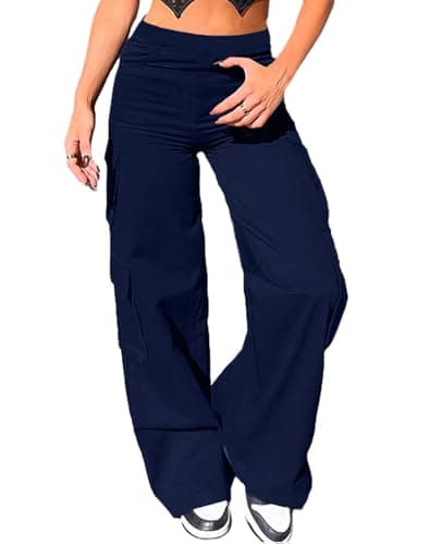 Image of Nuofengkudu Womens Wide Leg Cargo Trousers Y2K Stretch Multi Pockets Combat Bootcut Elasticated High Waisted Flared Bootleg Loose Fit Pull on Work Pants Gothic Bottoms Streetwear Casual Navy Blue M