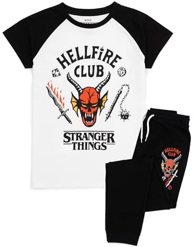 Image of Stranger Things Kids Pyjama Set | Hellfire Club Short Sleeve T-Shirt and Black Loungepants PJs For Boys & Girls | Eddie Eleven Mike Dustin Max Members | Co-Ord Nightwear Netflix Series Merchandise