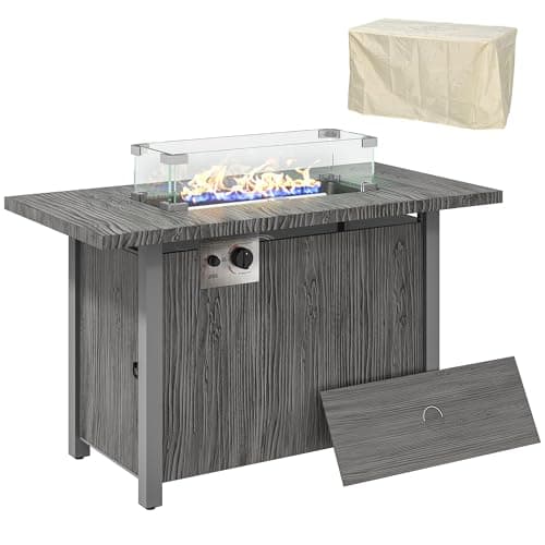Image of Outsunny Propane Gas Fire Pit Table for Garden, 50000 BTU Smokeless Firepit Outdoor Heater with Waterproof Cover, Glass Screen, Glass Beads and Lid, Wood Effect, 109 x 56 x 63cm, Dark Grey