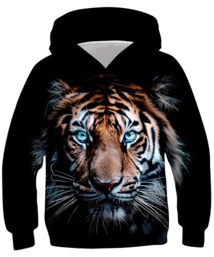 Image of Kids4ever Boys Girls Hoodies Kids 3D Tiger Printed Pullover Long Sleeve Hooded Sweatshirt Jumper 12-13 Years