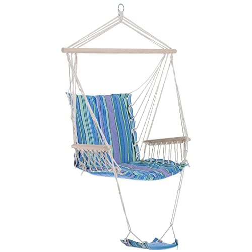 Image of Outsunny Hanging Rope Chair with Soft Padded Seat & Backrest, Portable Garden Hammoc Chair with Wooden Support Bar, Armrests, Cotton Cloth, Footrest, for Patio & Tree, Blue