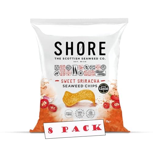 Image of Shore Seaweed Sweet Sriracha Chilli Chips,(Pack of 8 x 25g) – Vegan, Plant-based crisps - Low Calorie Snacks, Low Fat, Source of Fibre