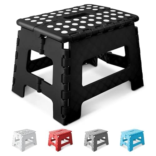 Image of KEPLIN 9 Inch Heavy Duty Folding Step Stool | Non-Slip Foldable Footstool for Toddlers, Children & Adults | Portable, Lightweight Plastic Footstep w/Carrying Handle for Indoor or Outdoor (Black)