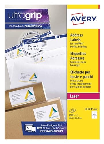 Image of Avery Printable, Customisable Address Mailing Labels, Laser Printers, 10 per A4 Sheet, 2500 Labels, QuickPEEL (L7173), White Blank Printer Sticker Sheet.