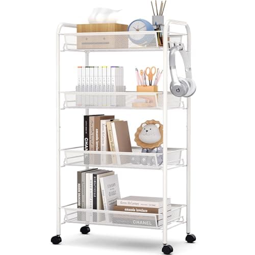 Image of APEXCHASER 4-Tier Rolling Cart,Easy Assemble Mobile Storage Trolley On Wheels,Slide Out Utility Cart Shelving Units Kitchen Bathroom Laundry Room,White
