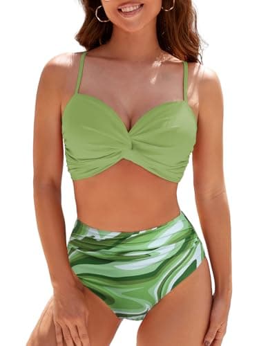 Image of Adigaber Women's Plus Size Bikini Set Twist Front High Waisted Padded Two Pieces Bathing Suits Swimsuits Green