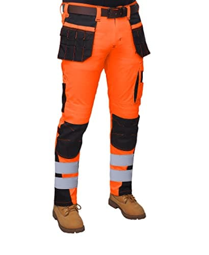 Image of HASHOOB TRADING FZE Men’s Hi Vis Trousers high Visibility Cargo Workwear Soft Heavy Duty Multi Pocket Easy Care Pants Reflective Tape Work Trousers (ORANGE1, 34W X 30L)