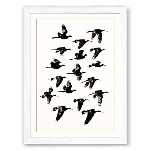 Image of Birds in Flight Minimalist Framed Wall Art Print A3 (42×29.7cm) White, Wall Decor for Living Room, Bedroom, Office & Home, Ready to Hang, Art Gift