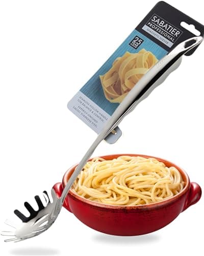 Image of Sabatier Professional Large Metal Spaghetti Server Ladle - Mirror Polished Stainless Steel Fork Spoon to Measure, Drain & Serve Pasta. Strong Construction. 25 Year Guarantee, Dishwasher Safe