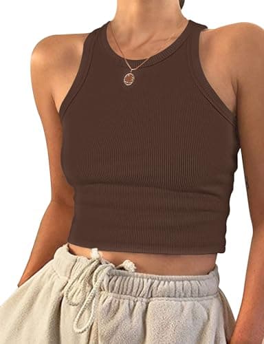 Image of PLOKNRD Womens Tops Ladies Crop Tank Top Vests Summer Basic Clothing Brown S