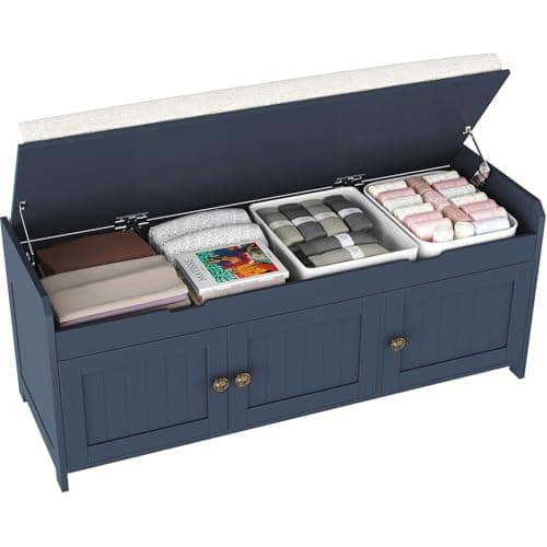 Image of HOME BI Shoe Bench with Lift Top Storage, Entryway Storage Bench with Cushioned Seats, Shoe Rack Bench with 3-Door Cabinet for Entryway, Bedroom, Living Room,Blue