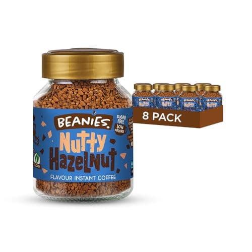 Image of Beanies Instant Coffee Nutty Hazelnut Flavour, 400g 50g x 8 Pack - Freeze Dried Granules, Sugar Free Low Calorie Coffee, Nut Free, Vegan Friendly, Clean Everyday Wellness Drink