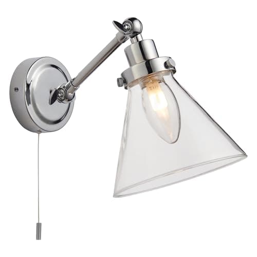 Image of National Lighting Teepee Wall Light - Chrome, IP44 Bathroom Wall Light with Pull Cord with Glass Cone Shade - Adjustable Arm, Interior Wall Lights Fixture, G9 LED Compatible - 150-330mm Height