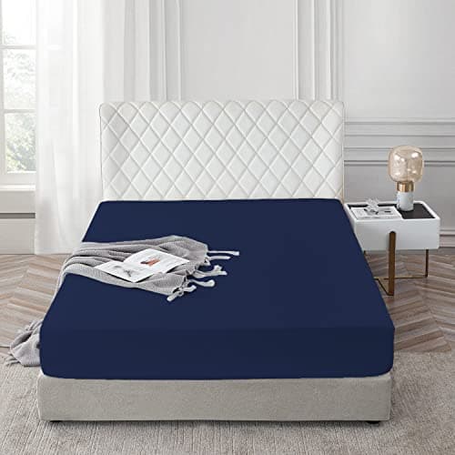 Image of AR Ware Double Fitted Sheet 100% Egyptian Cotton 300 TC, Breathable Deep Fitted Sheets Double Bed, Hotel Quality 30 Cm Fitted Bed Sheets (Navy)