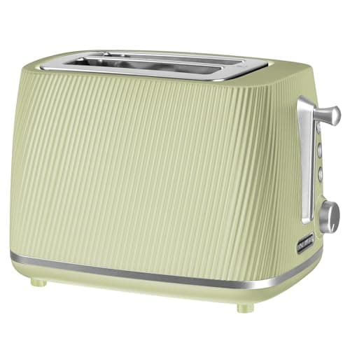 Image of Daewoo Cascade 2 Slice Toaster – Sage Ribbed Design, Adjustable Browning, Defrost & Reheat Functions, Removable Crumb Tray, Cancel Button, Compact Countertop Toaster