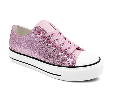 Image of IMTY Womens Canvas Sparkly Trainers Lace Up Glitter Chunky Sole Low Top Platform Baseball Sneakers Ladies Flat Fashion Pumps (Pink Glitter, UK Footwear Size System, Adult, Women, Numeric, Medium, 6)