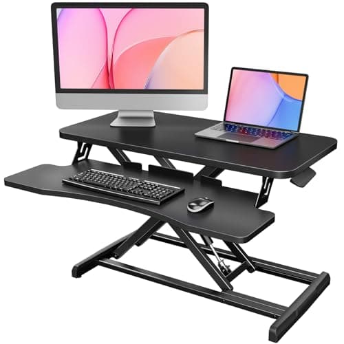 Image of HUANUO Standing Desk Converter, 80cm/32'' Height Adjustable Desk Riser with LARGE Keyboard Tray, Sit Stand Desk Riser for Dual Monitor with Smooth Pneumatic Lift System, Computer Workstation