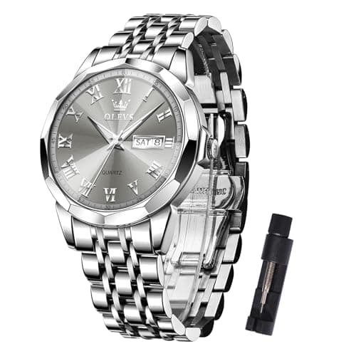 Image of OLEVS Mens Watch Quartz Stainless Steel Band Watch Grey Dail with Day Date Display 30M Water Resistant Daily Wristwatch