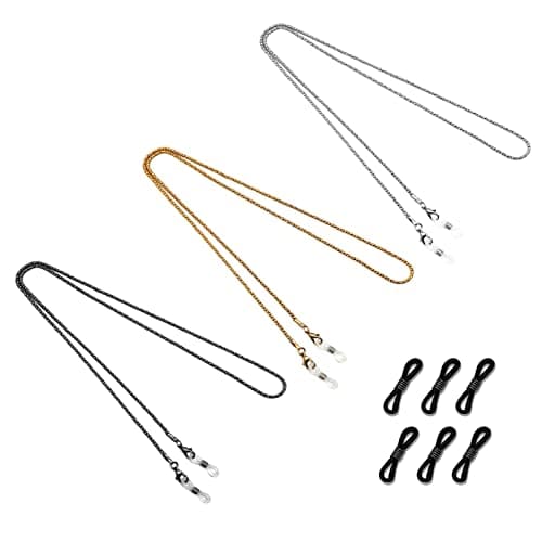 Image of Desenda 3 Pcs Eyeglass Chain Neck Cord Sunglass Neck Strap Holder with 6 Pair Silicone Anti-slip Rings Spectacles Straps Lanyard Eyewear Strap for Men & Women (Silver Golden Black)