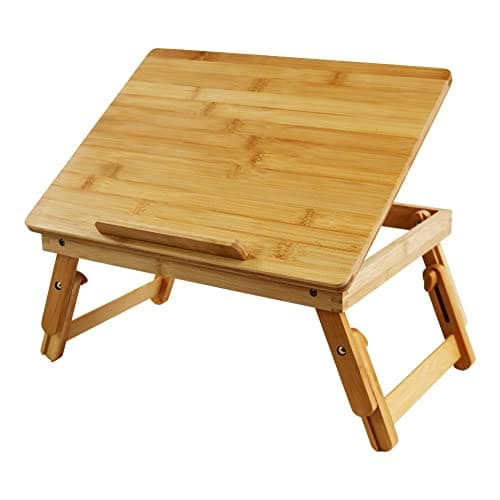 Image of WKWKER Bamboo Laptop Desk With Folding Legs Tilting Surface Workstation Table Adjustable Laptop Stand Bed Tray For TV Sofa Study Computer Ipad Book (Natural)