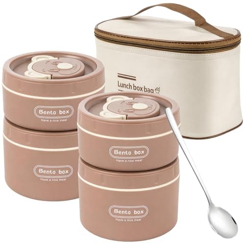 Image of SUNNYNEST Stackable Insulated Lunch Box Set with Bag, 4 Stainless Steel Food Containers & Spoon, Leakproof Bento Box for Adults & Kids, Portable Food Box for Work, School & Travel (Brown)