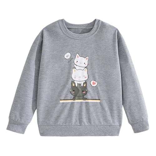 Image of Xumplo Girls Long Sleeve Jumper Clothes Tween Girl Grey Cat Sweatshirt Teen Girl Crew Neck Casual Pullover Top Kids Clothing 12-13 Years