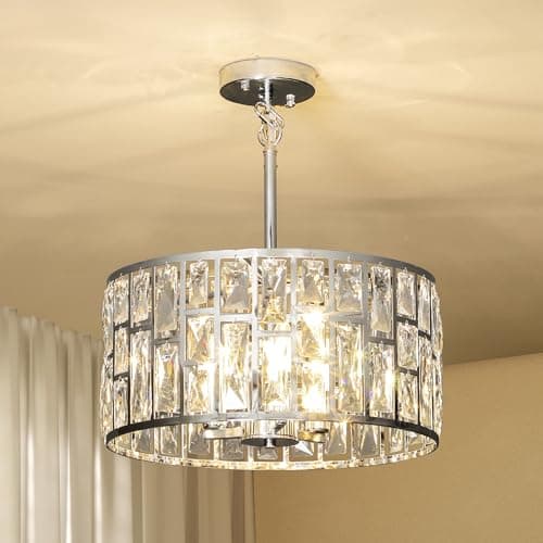 Image of HOMCOM Crystal Chandelier with Adjustable Height, 3-Light Modern Flush Mount Ceiling Light, Hanging Chandelier with E14 Base for Living Room, Bedroom, Dining Room, Bulb Not Included, Silver Tone