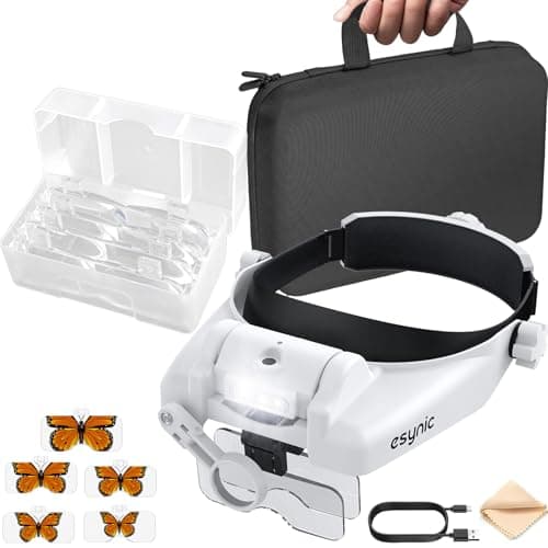 Image of eSynic Headband Magnifier with LED Light Rechargeable Head Magnifying Glass 1X-14X Head Mounted Magnifying Light with Portable Storage Case| 5 HD Lenses| Hands Free for Hobbies Reading Craft etc