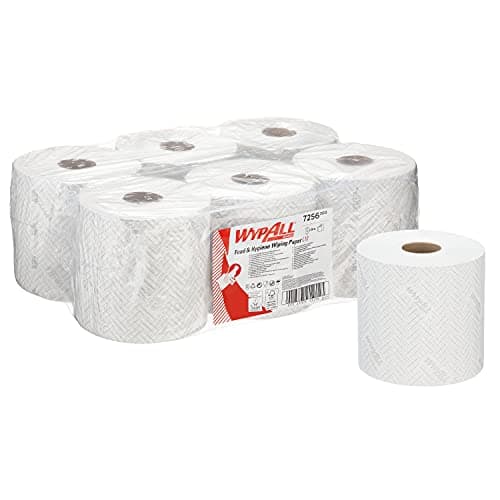 Image of WypAll L10 Food & Hygiene Wiping Paper 7256-1 Ply White Cleaning Wipes - 6 Centrefeed Rolls x 800 Paper Wipes (4,800 total)